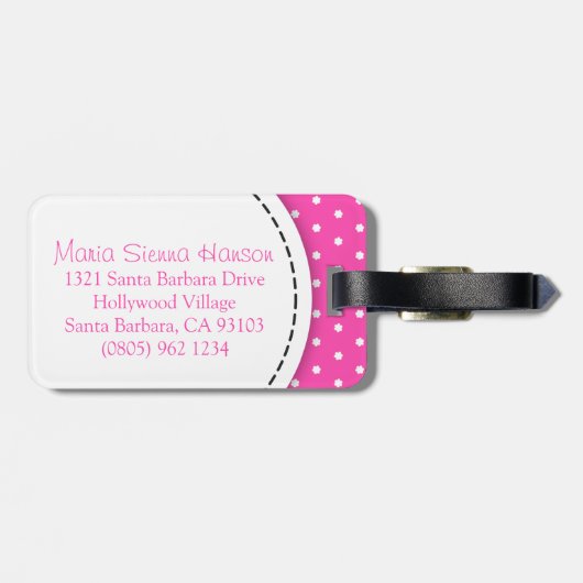 Heldere roze bloemkarkjes met de naam bagagelabel (Achterkant horizontaal)