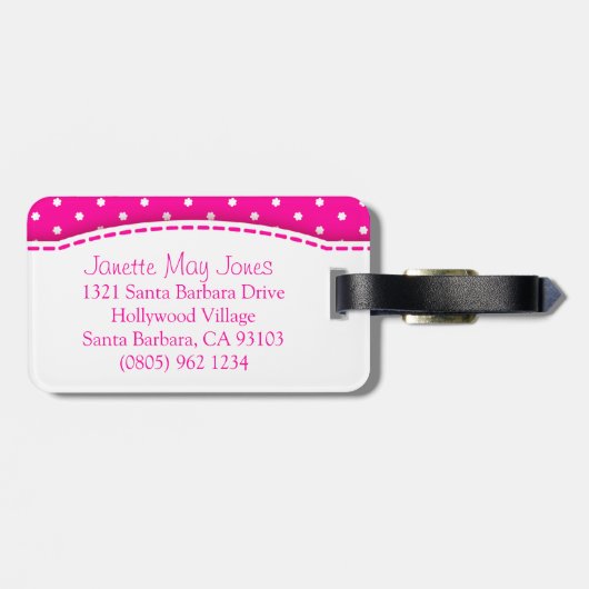 Heldere roze bloemkarkjes met de naam bagagelabel (Achterkant horizontaal)