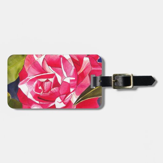 Heldere roze Camellia waterverf kunstbloem Bagagelabel (Voorkant horizontaal)
