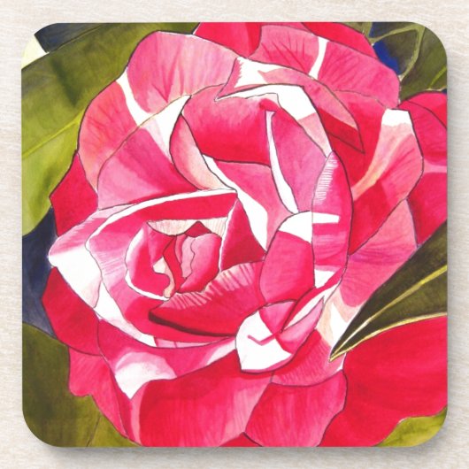 Heldere roze Camellia waterverf kunstbloem Bier Onderzetter (Voorkant)