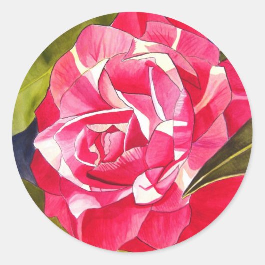 Heldere roze Camellia waterverf kunstbloem Ronde Sticker (Voorkant)