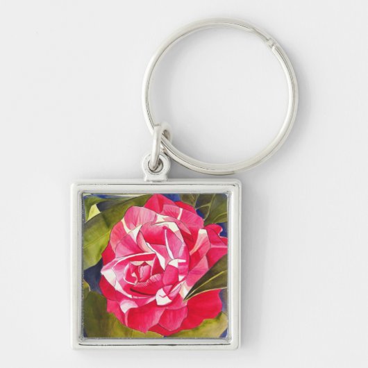 Heldere roze Camellia waterverf kunstbloem Sleutelhanger (Voorkant)