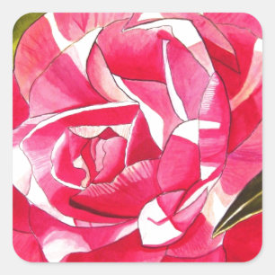 Heldere roze Camellia waterverf kunstbloem Vierkante Sticker