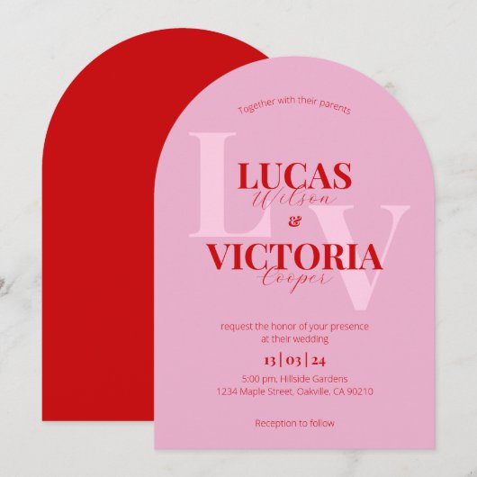 Heldere roze en gedurfde rode boog bruiloft kaart (Voorkant / Achterkant)