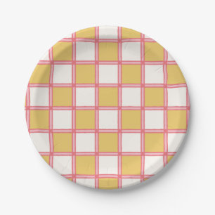 Heldere roze en gele checkers papieren bordje
