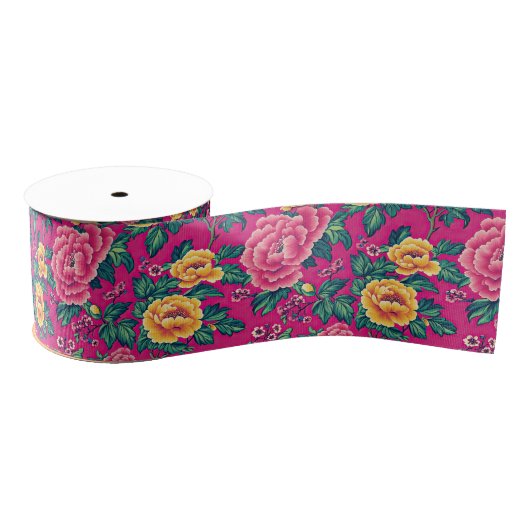 Heldere roze en gele Chinoiserie Bloemen Grosgrain Lint (Spoel)