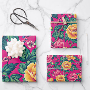 Heldere roze en gele Chinoiserie Bloemen Inpakpapier Vel