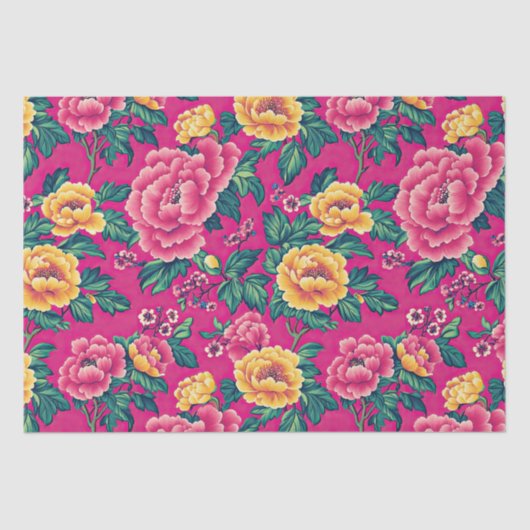 Heldere roze en gele Chinoiserie Bloemen Tissuepapier (Voorkant)