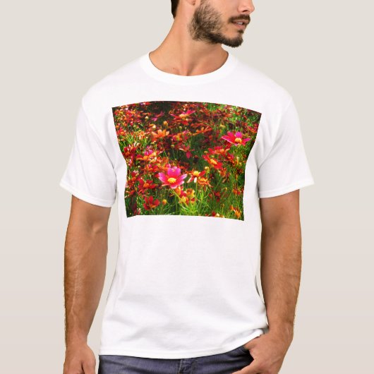 Heldere roze en gele Daisy Wilde bloemen T-shirt (Voorkant)