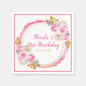 Heldere roze en gouden elegante bloemen Verjaardag Servet (Voorkant)