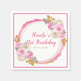 Heldere roze en gouden elegante bloemen Verjaardag Servet