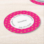 Heldere roze en gouden kroon bruiloft ronde kartonnen onderzetter (Gebogen)