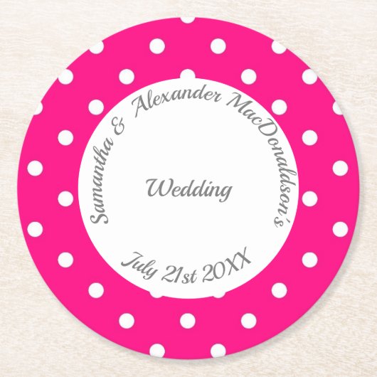 Heldere roze en witte polkadot bruiloft ronde kartonnen onderzetter (Voorkant)