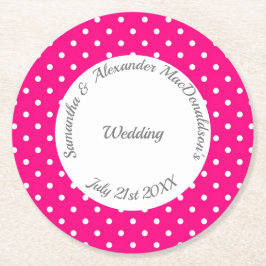 Heldere roze en witte polkadot bruiloft ronde kartonnen onderzetter