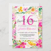 Heldere roze floral waterverf goud chic Sweet 16 Kaart (Voorkant)