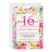 Heldere roze floral waterverf goud chic Sweet 16