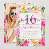 Heldere roze floral waterverf goud chic Sweet 16 Kaart (Voorkant / Achterkant)