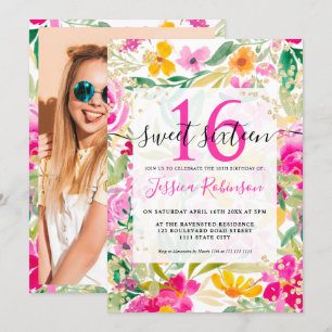 Heldere roze floral waterverf goud chic Sweet 16 Kaart