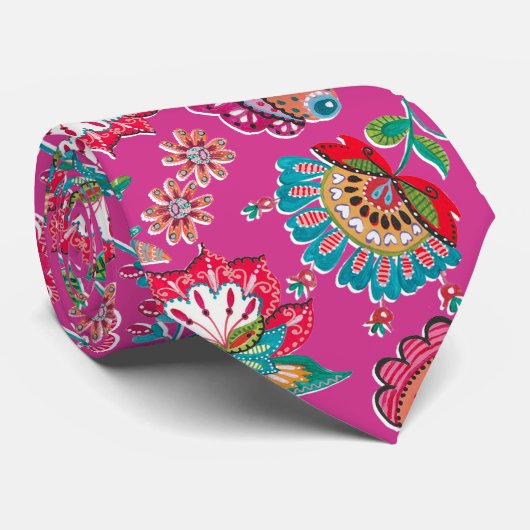 Heldere roze folk florale bruiloft stropdas (Opgerold)