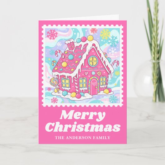 Heldere Roze Gingerbread House Postzegel Feestdagen Kaart (Voorkant)
