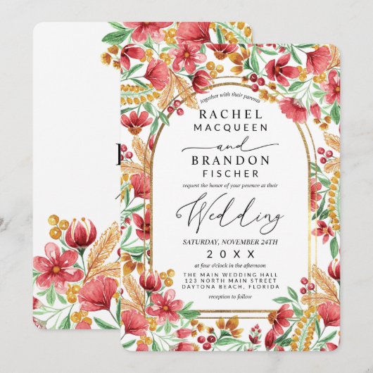 Heldere Roze Gouden Gele Bloemboog Huwelijk Kaart (Voorkant / Achterkant)