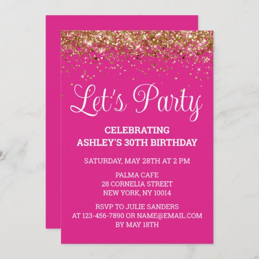 Heldere Roze Gouden Glitter 30ste Verjaardag Let's Kaart (Voorkant / Achterkant)