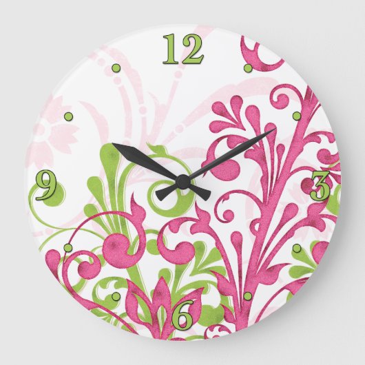 Heldere roze, groene, witte, Floral Wall Klock Grote Klok (Voorkant)