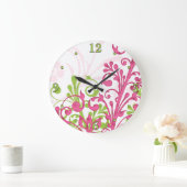 Heldere roze, groene, witte, Floral Wall Klock Grote Klok (Huis)