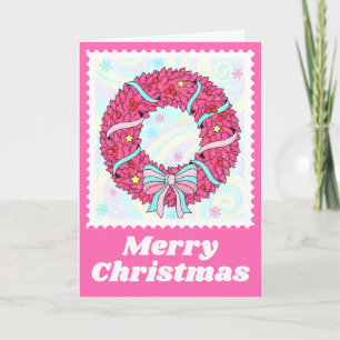 Heldere Roze Kerst Krans Postzegel Feestdagen Kaart