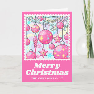 Heldere Roze Kerst Ornamenten Postzegel Feestdagen Kaart