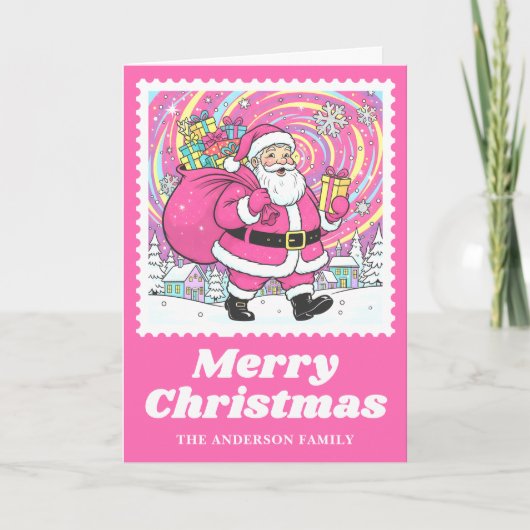 Heldere Roze Kerstman Postzegel Kerstmis Feestdagen Kaart (Voorkant)