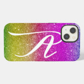 Heldere roze magenta glitter regenboogmonogram iPhone hoesje (Achterkant horizontaal)