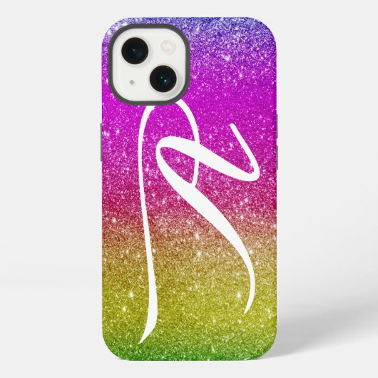 Heldere roze magenta glitter regenboogmonogram iPhone hoesje (Achterkant)