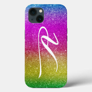 Heldere roze magenta glitter regenboogmonogram iPhone 13 hoesje