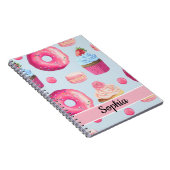 Heldere roze noten en koekjes op babyblauw notitieboek (Rechterzijde)