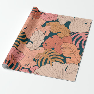 Heldere roze, oranje, gele bladeren van monstera e cadeaupapier