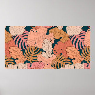 Heldere roze, oranje, gele bladeren van monstera e poster