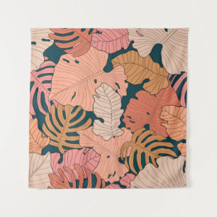 Heldere roze, oranje, gele bladeren van monstera e wandkleed