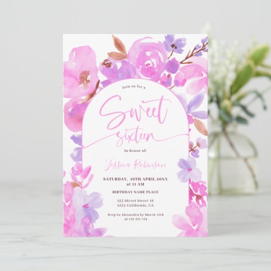 Heldere, roze paarse florale zoete 16 kaart (Staand voorkant)