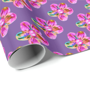 Heldere roze, paarse handgezaaide bloemen cadeaupapier