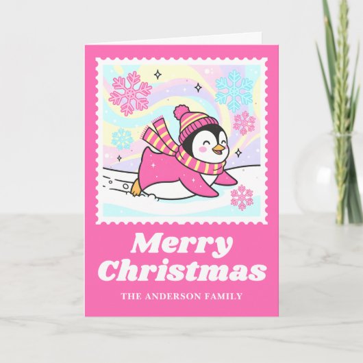Heldere Roze Pinguïn Postzegel Kerstmis Feestdagen Kaart (Voorkant)