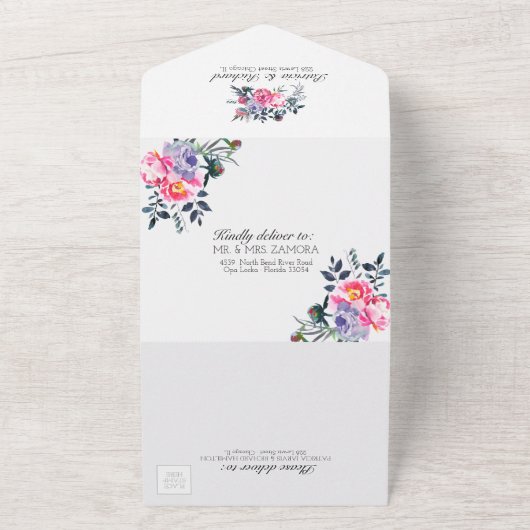 Heldere Roze Pioenbloem Monogram Elegante Huwelijk All In One Uitnodiging (Buitenkant)