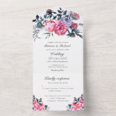 Heldere Roze Pioenbloem Monogram Elegante Huwelijk All In One Uitnodiging (Binnen)