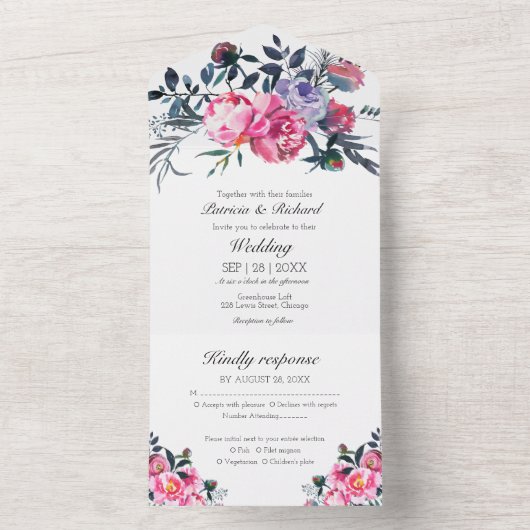 Heldere Roze Pioenbloem Monogram Elegante Huwelijk All In One Uitnodiging (Binnen)