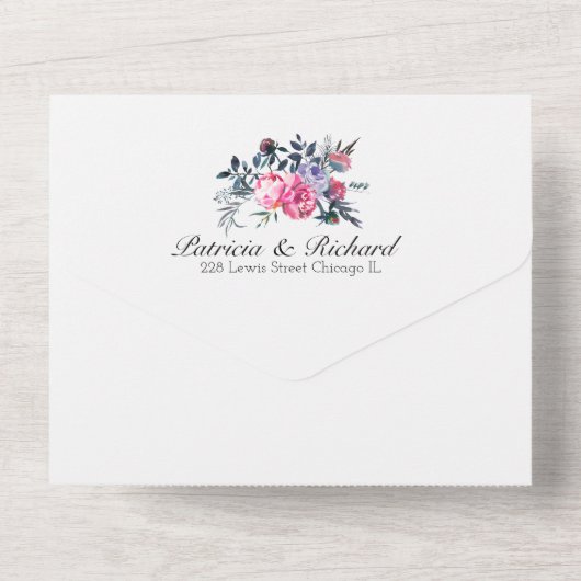 Heldere Roze Pioenbloem Monogram Elegante Huwelijk All In One Uitnodiging (Achterkant)