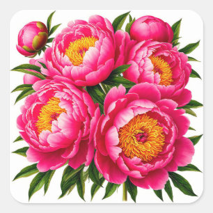 Heldere Roze Pioenboeket Met Groene Bladeren Vierkante Sticker
