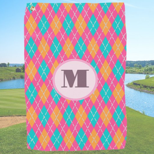 Heldere roze preppy argyle aangepaste monogram dam golfhanddoek