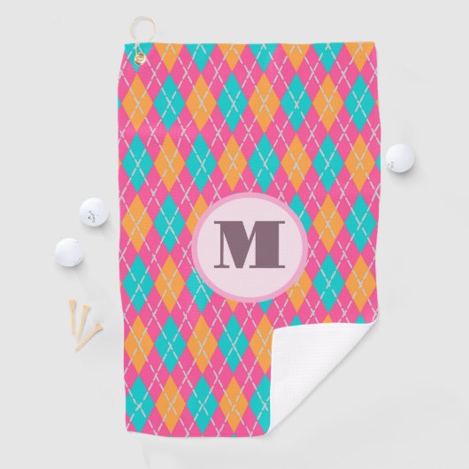 Heldere roze preppy argyle aangepaste monogram dam golfhanddoek (Insitu)