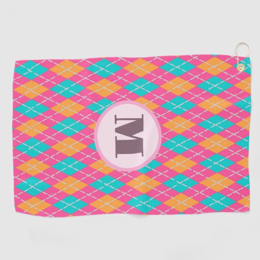 Heldere roze preppy argyle aangepaste monogram dam golfhanddoek (Horizontaal)