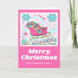 Heldere Roze Sleigh Postzegel Kerstmis Feestdagen Kaart